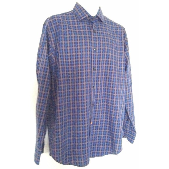 Thomas Dean Men's Shirt Large Contrast Flip Cuff Blue Black Blue Gray Check - Picture 1 of 4